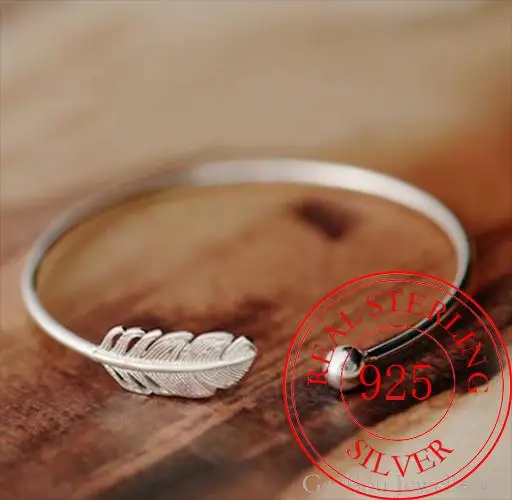 Fashion 925 Sterling Silver  Woman Cuff Bracelet Open Angel Feather Adjustable Lucky Bangle Party Jewelry Christmas Gifts