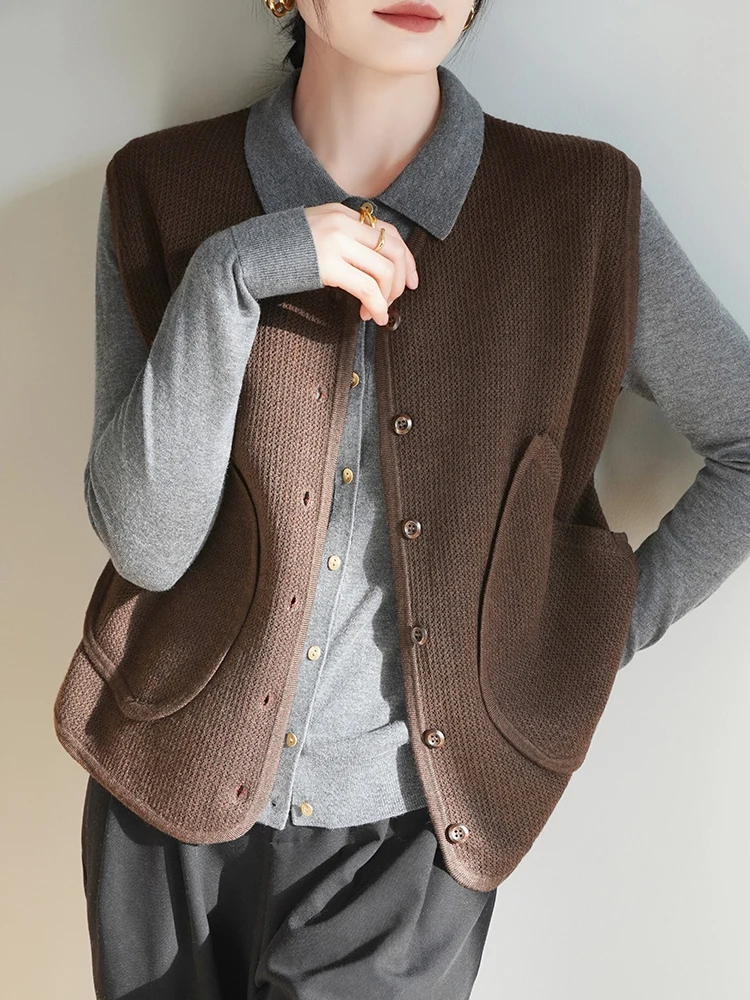 New Spring Autumn Women's Sweater Vest Blend Wool Female Knitwear Pocket Cardigan Sleeveless Clothing Tops Spinning Cozy Jersey