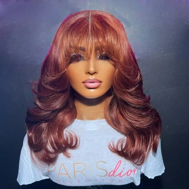 

Reddish Brown Body Wave Wig with Bang Layered Cut Short Lace Front Wig 13x4 HD Lace Frontal Wig for Women Synthetic Wear And Go
