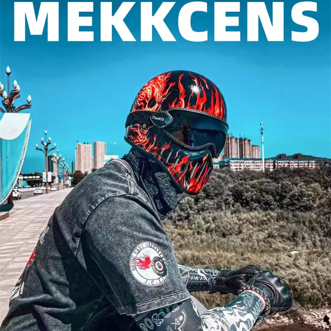 Mekkcens Japanese Style Small Helmet Full Face Motorcycle Helmet Fiberglass Vintage Motorbike Protection Helmets Casco Capacete