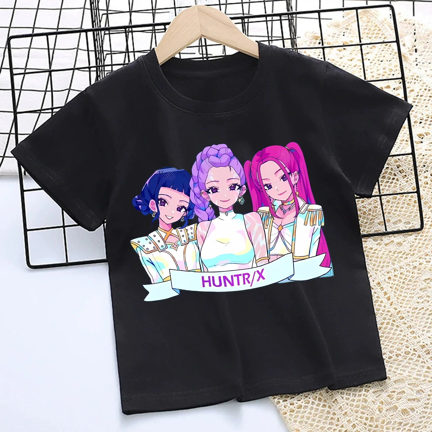 KPOP Demon Hunters T-shirt for Children Cartoon Black Tee Top Girls Round Collar Short Sleeve Clothes Kids Summer Clothing Gift