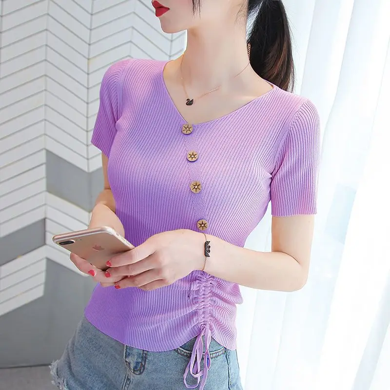 Fashion Solid Color Button Loose Bandage Bow Shirring Blouse Female Clothing 2023 Summer New Casual Pullovers Asymmetrical Shirt