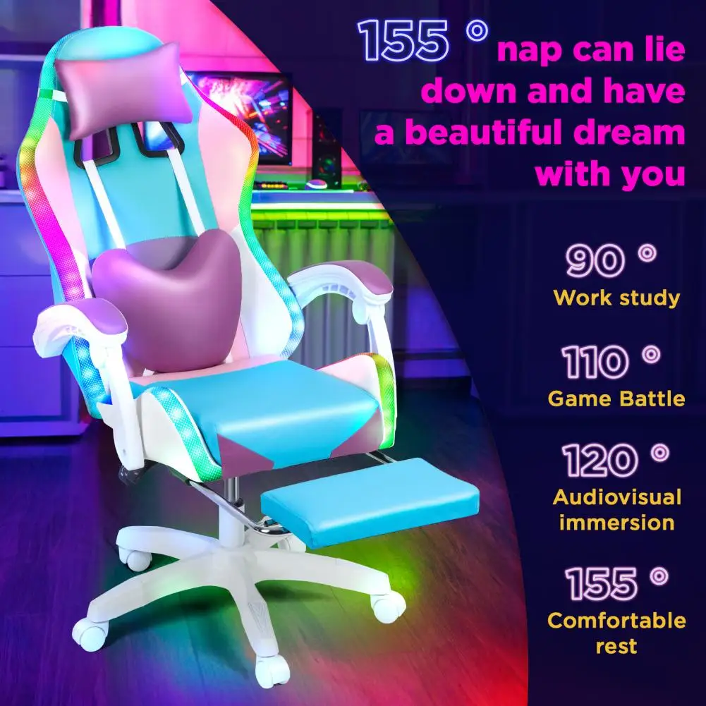 Gaming Chair 360 Degree Rotation Office Chair With RGB LED Lights Height Adjustable Girl Video Chair With Massage And Footrest