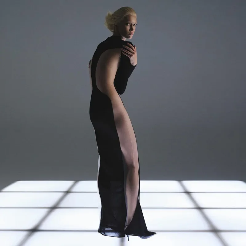 SKMY Hoge Taille Slim Fit Lange Mouwen Jurk Europese Amerikaanse Stijl Sexy See through Mesh Splicing Nieuwe vrouwen 2025