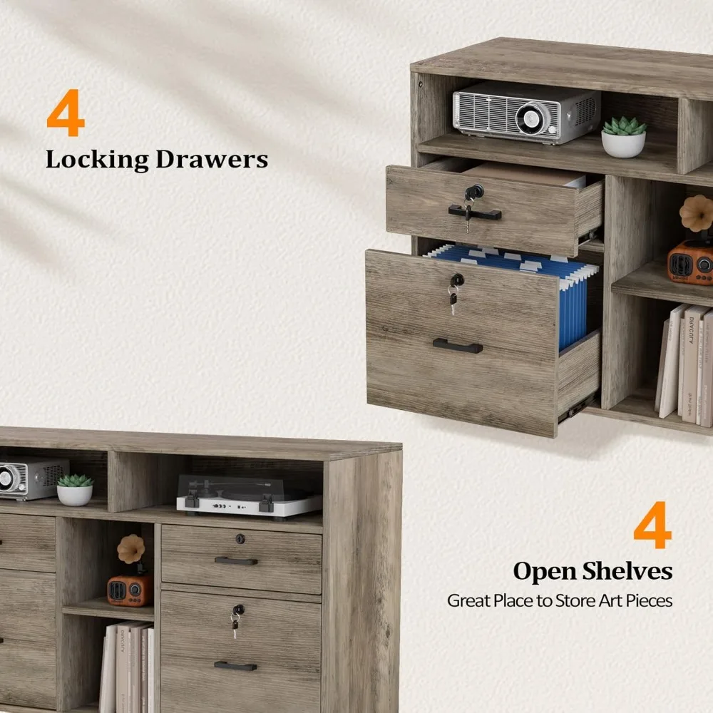 خزانة ملفات دوارة باللون الرمادي الريفي ذات 4 أدراج مع مساحة تخزين قابلة للقفل وأرفف مفتوحة وحامل للطابعة
