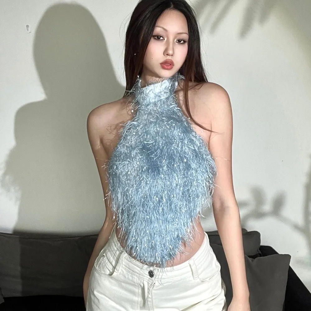 SylCue Sexy Tassel Tank Tops Women Halter Off Shoulders Irregular Patchwork Backless Navel Exposed Fashion Versatile Style Tops