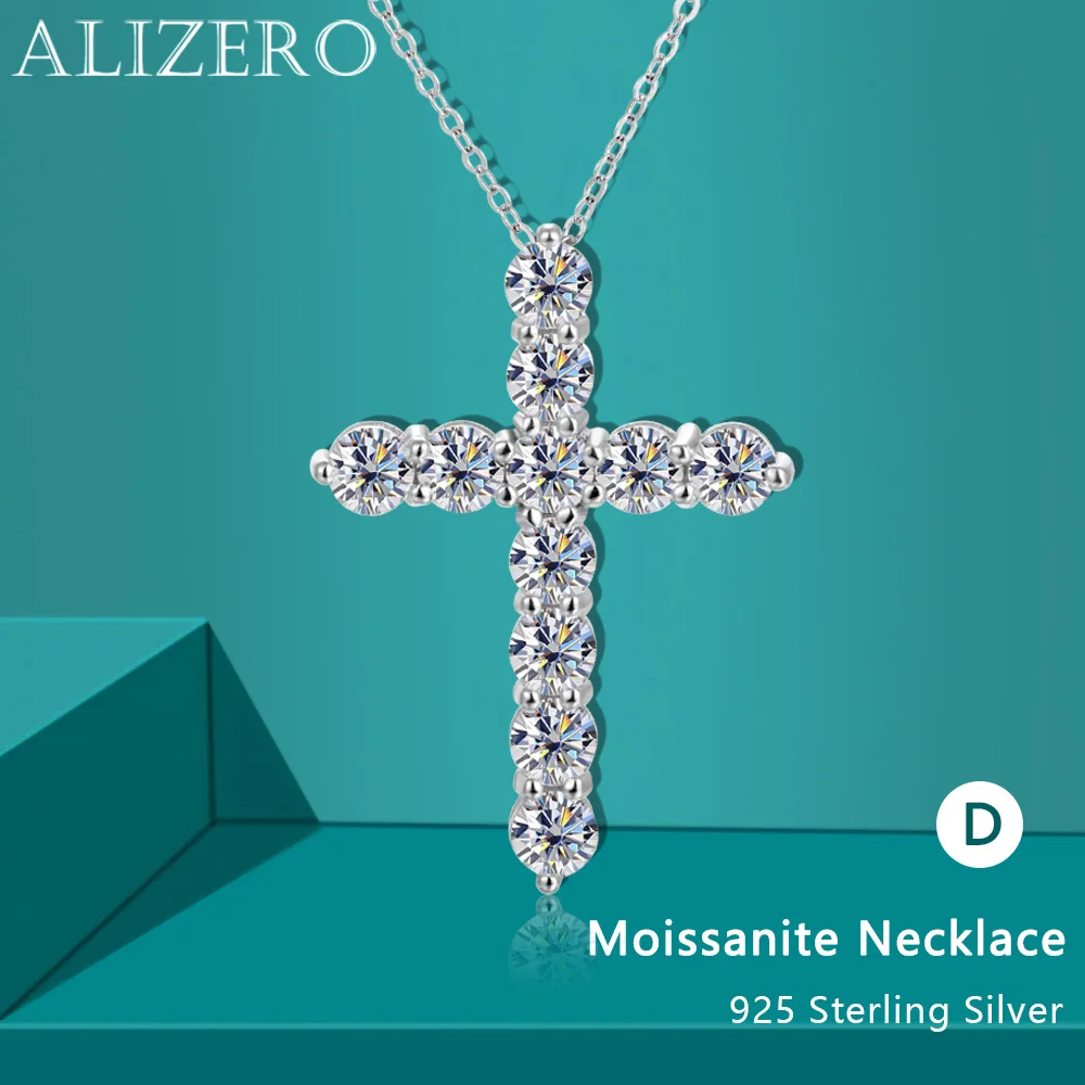 

ALIZERO 2.5-5mm D Color Moissanite Cross Pendant Necklace For Women Man 925 Sterling Sliver Plated 18k White Gold Fine Jewelry