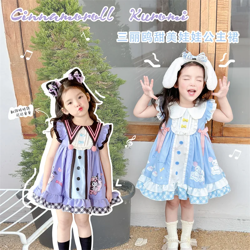 Kawaii Kuromi Cinnamoroll Children\'s Sweet Baby Lapel Princess Dress Summer Anime Sanrios Girly Heart Cute Cake Skirt Dress