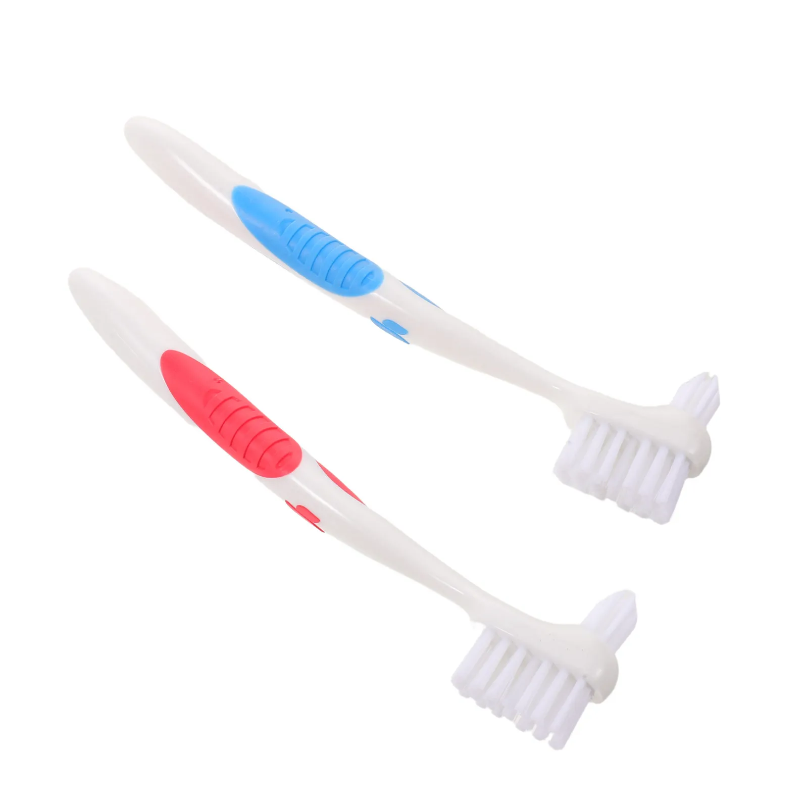 2Pcs Dual Head Denture Brush Hard Bristle Toothbrush Wide Grip Handle for Dentures Braces Cleaning Oral Care False Teeth Brush