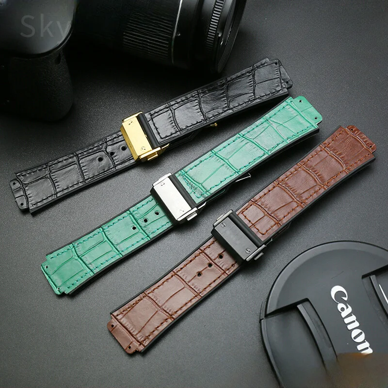 With Tool 19mm Crocodile Pattern Genuine Leather Watchbands for Hublot Yubo Watch Convex Interface Waterproof Accessories