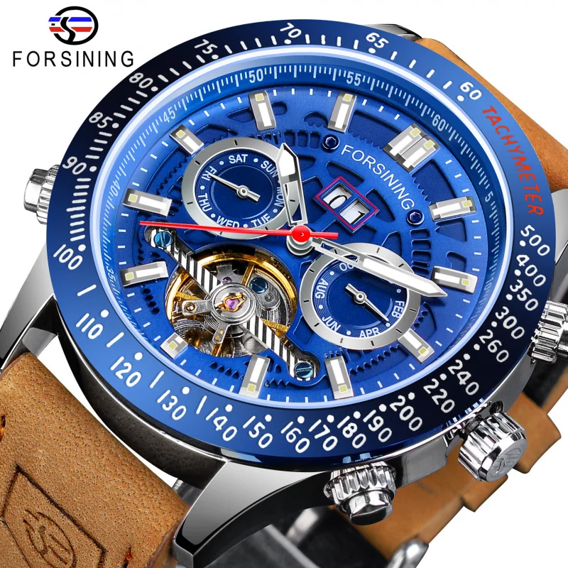 

Official brand of free shippingMultifunctional Tourbillon Men's Automatic Mechanical Watch Casual Waterproof Blue Dial with Cale