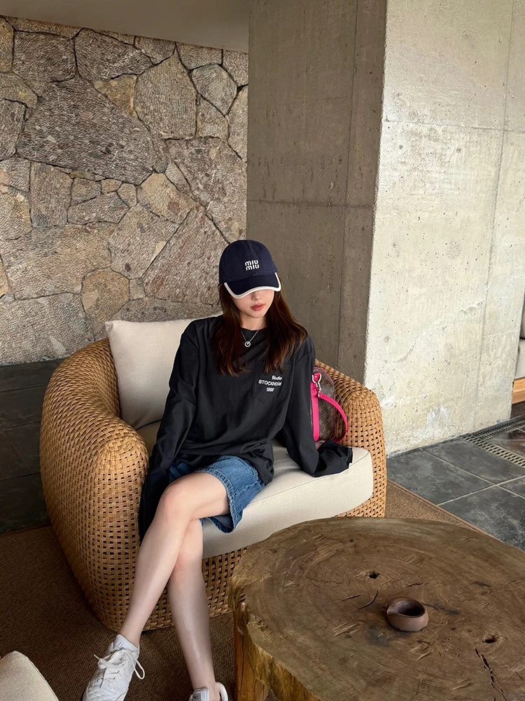 

Washed Cotton Long Sleeve T-Shirt Women Loose Fit Letter Print Casual Style Black White Pocket Decoration Cotton Fabric