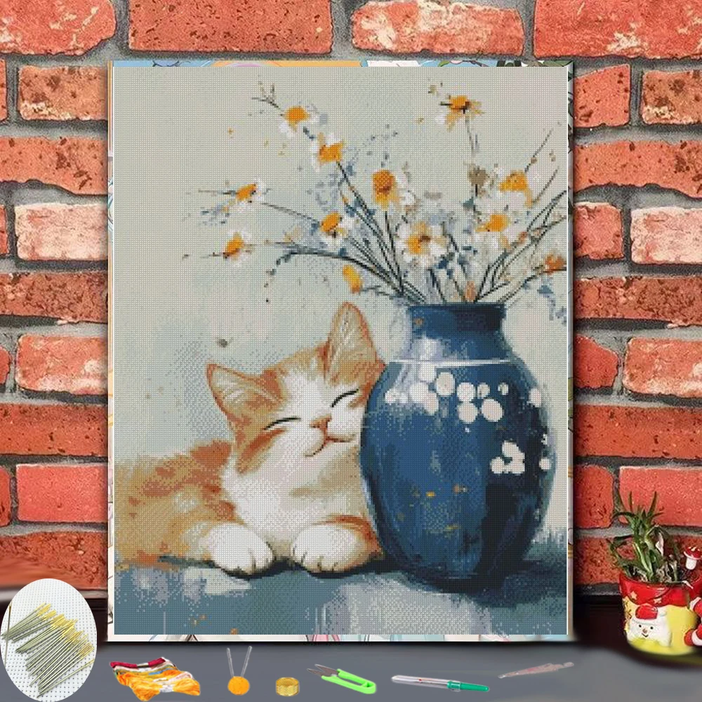 Cross Stitch Embroidery cat sleeping against vase Art Style Thread Chart DIY Needlework Kit Count Print on Can