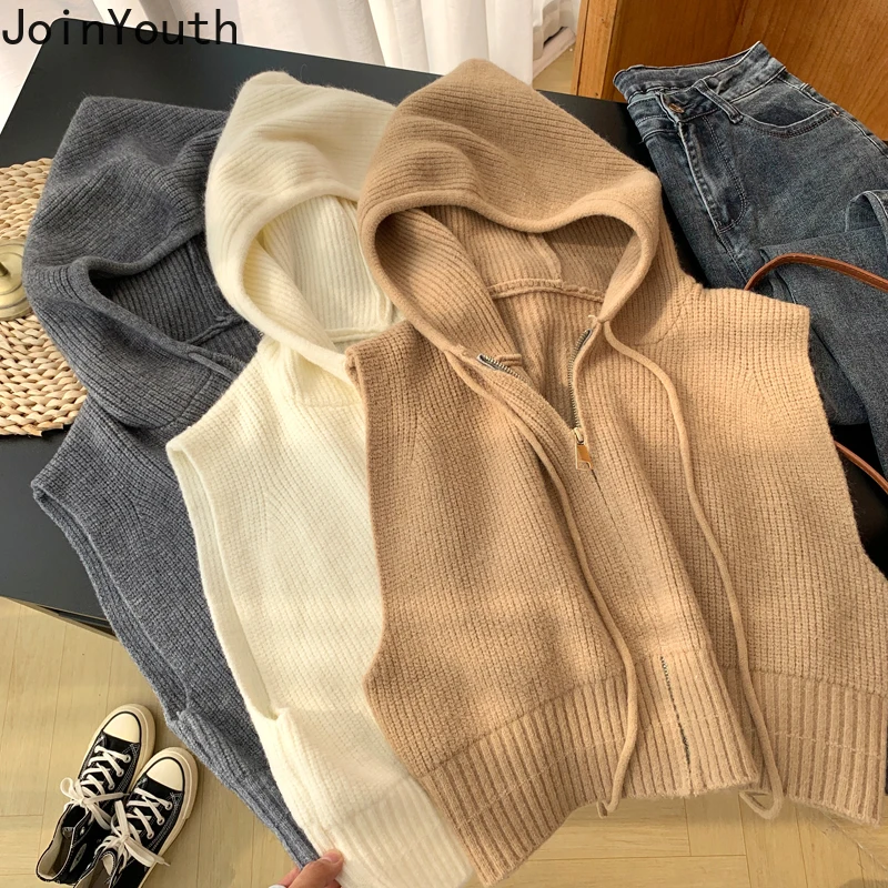 Joinyouth Fashion Hooded Sweater Vest Women Casual Knit Cropped Tops Zipper Coat Korean Sleeveless Waistcoat Chalecos Para Mujer