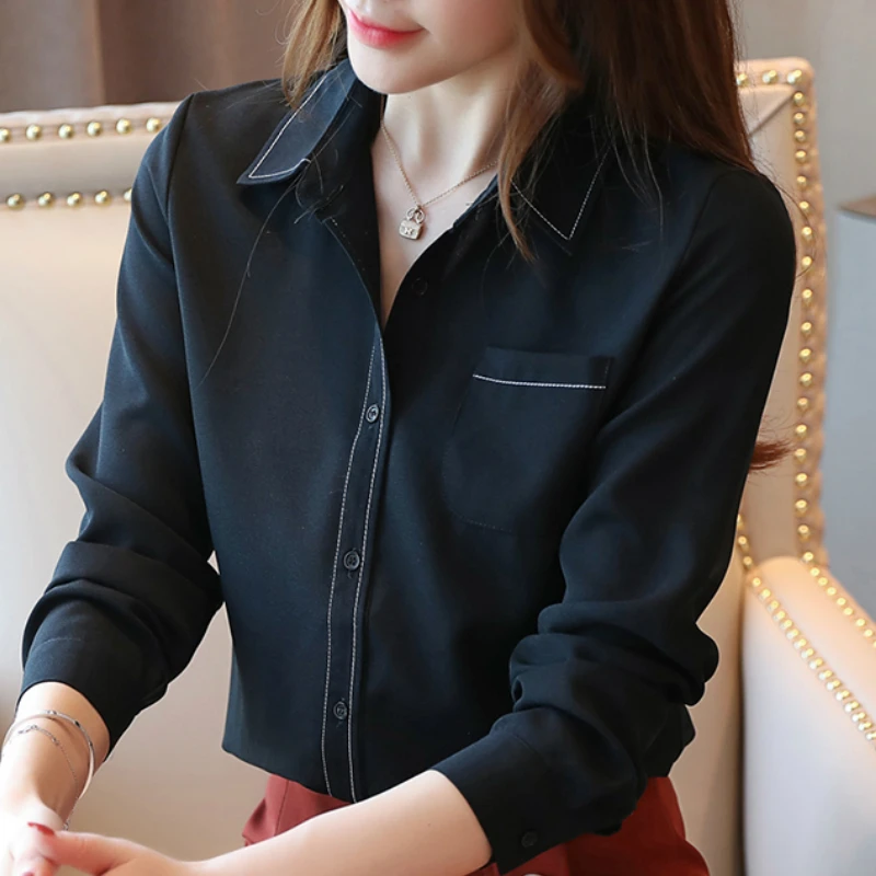 

Fashion Woman Blouses 2024Turn Down Collar Office Ladies Tops White Blouse Long Sleeve Chiffon Blouse Women Shirts Blusas B951