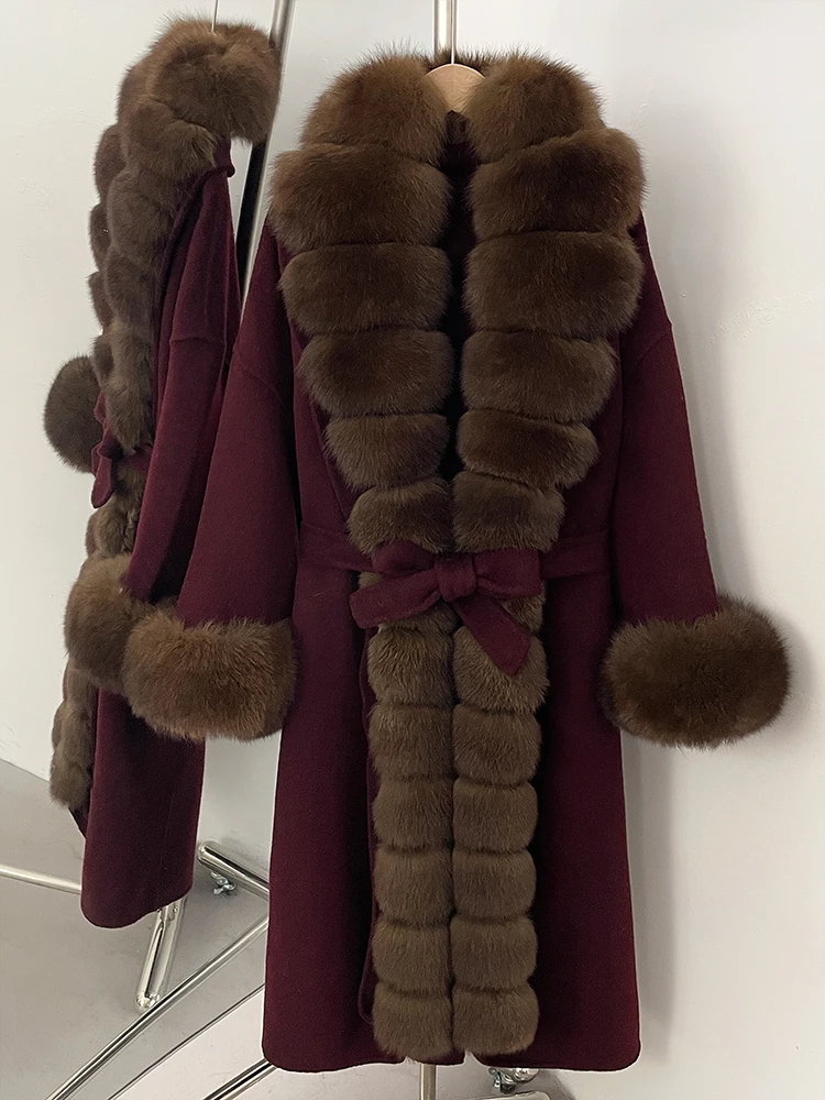 المرأة طويلة كبيرة الثعلب الفراء Pinnacle 100% معطف الصوف 2025 جديد الخريف الشتاء ClothesFemale حزام الفراء الطبيعي طوق سترة صوفية #6