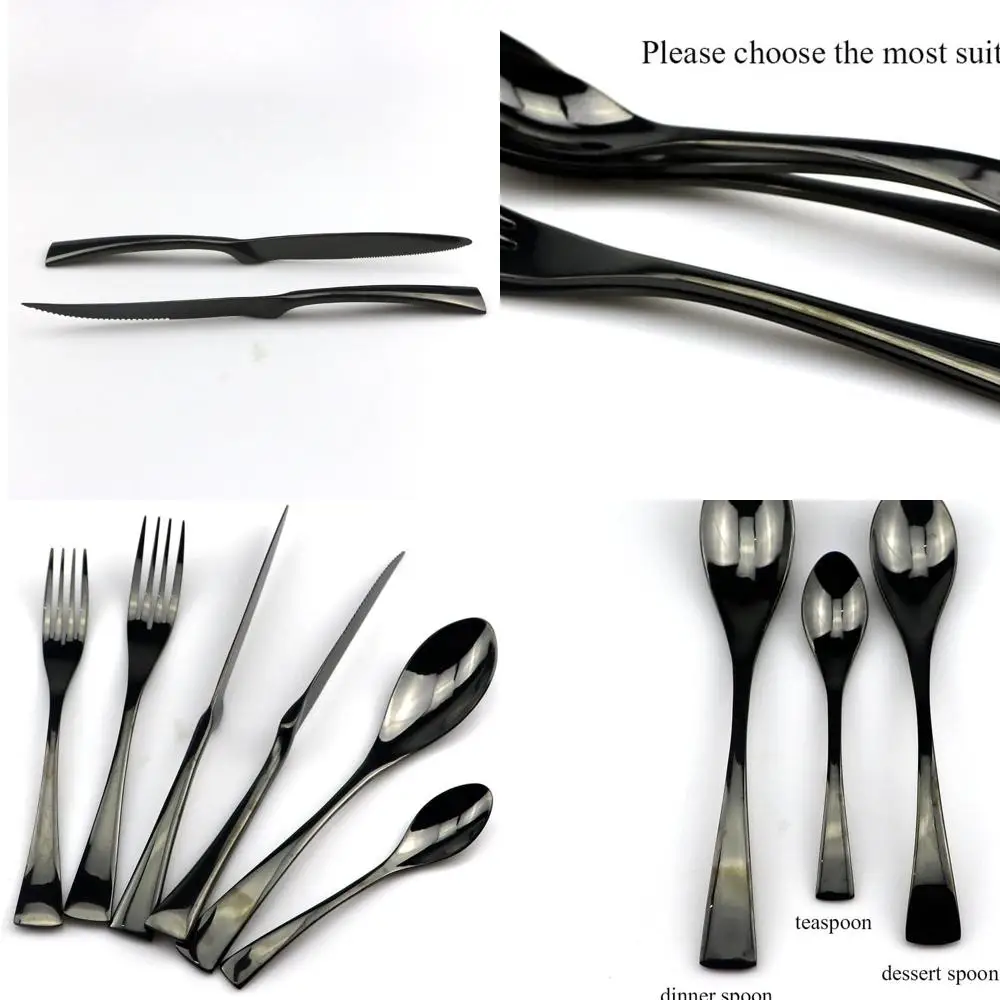 

24-Piece Black Mirror Polished Stainless Steel Flatware Set with Dinner, Steak Knives, Salad Forks, Dessert Spoons, and Coffee S