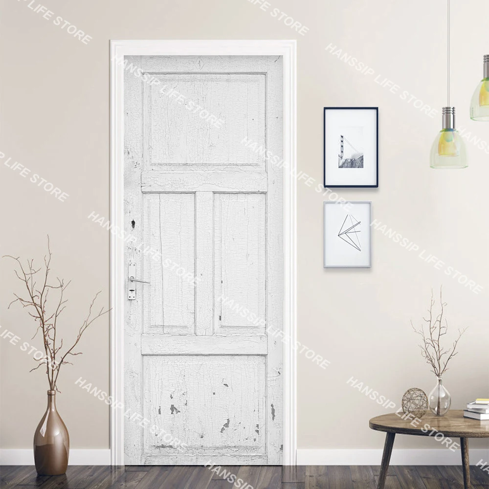 Simple Style Light Gray Wood Grain Background Door Sticker Wallpaper Home Decoration, Off White Color Wooden Door Wrap Cover