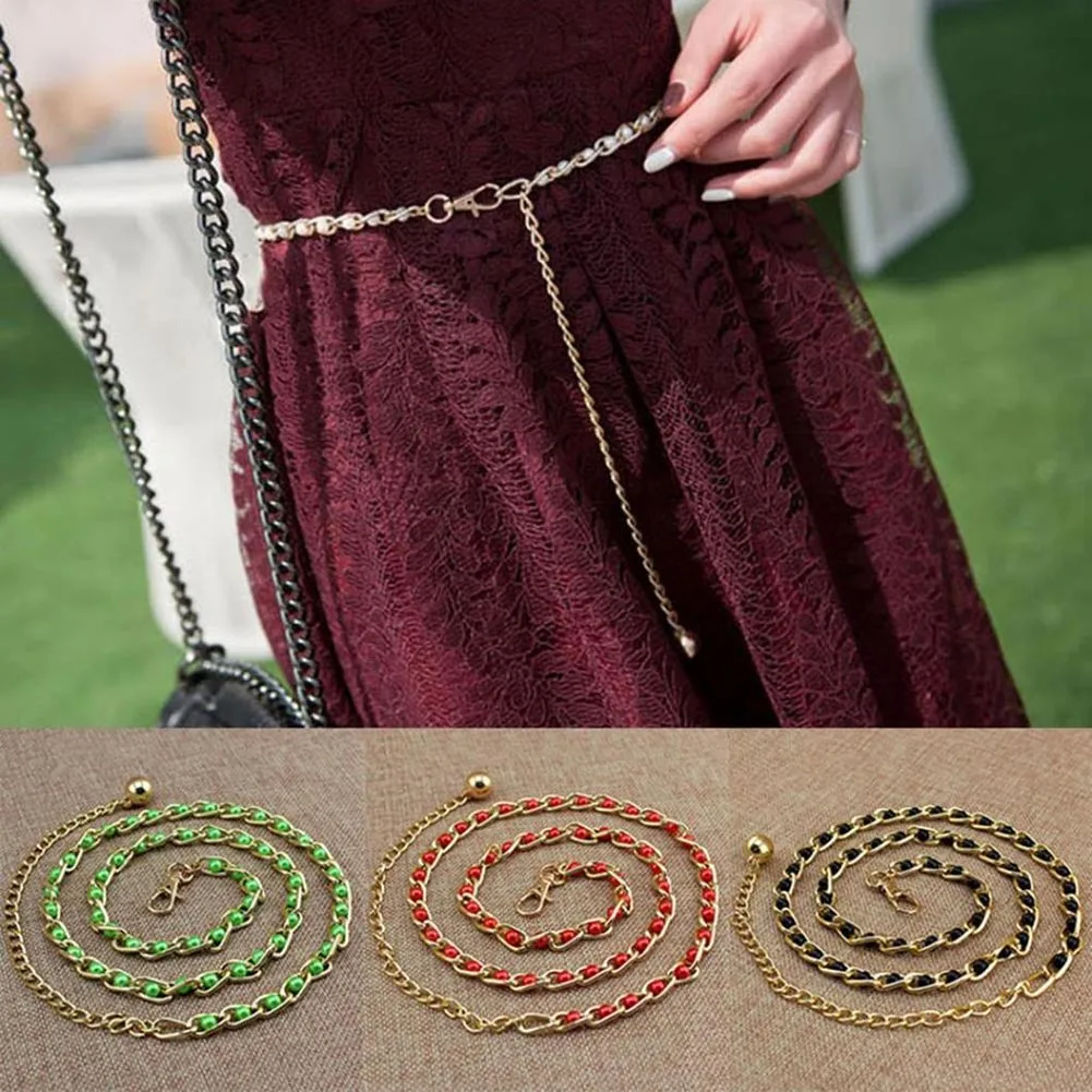 Women's  Luxury Brand Candy Color Pearl Beads Metal Thin Waist Belts Harajuku Slim Chain Belt Dress Accessories Cinturon Mujer