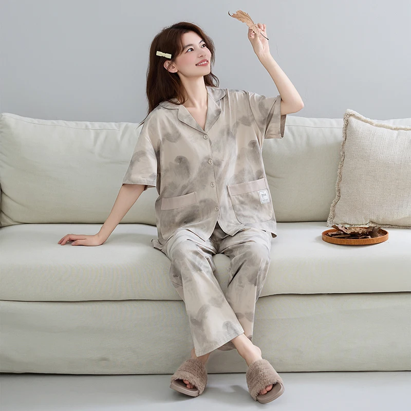 Big Size M-4XL Summer Short Sleeve Pajama Sets Women knited Cotton Home Wear Female Pyjamas 5
