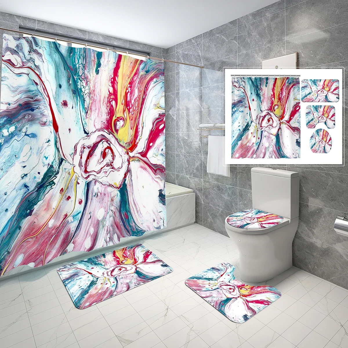 Marbling Shower Curtain Set Fantasy Abstract Visual Marbling 4 Pcs Shower Curtain Bathroom Non-Slip Bath Mat Toilet Cover