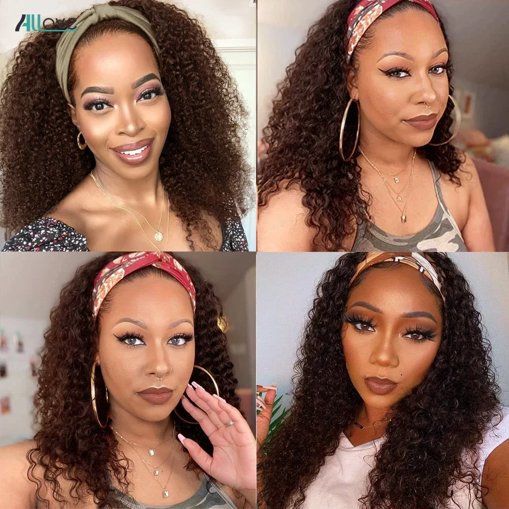 Allove #4 Brown Headband Wig Full Machine Made Wigs Deep Wave Brazilian Remy 100% Human Hair Scarf Wig For Women Deep Curly image 6
