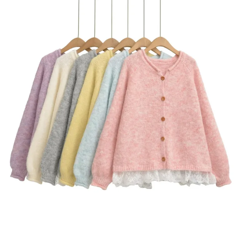 

Lace-trimmed Knitted Cardigan For Women 2025 Autumn And Winter New Boho Casual Round Neck Button Loose Long-sleeved Sweater Tops