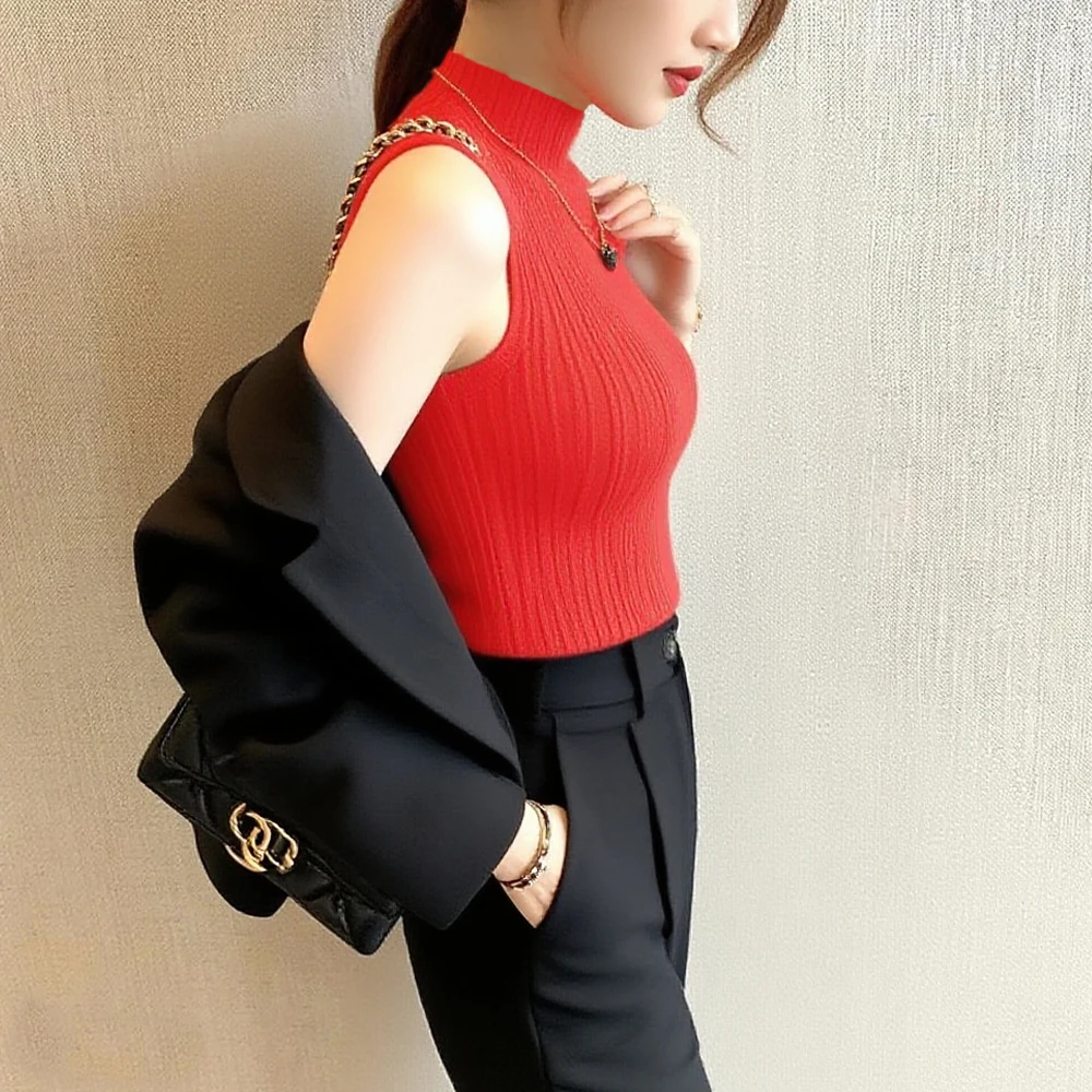 

Solid Slim Sleeveless Tanks Knit T Shirt Half High Neck Vest Shirt For Women Purple Green Blue Elegant Blouse M-XXL Sweater Top