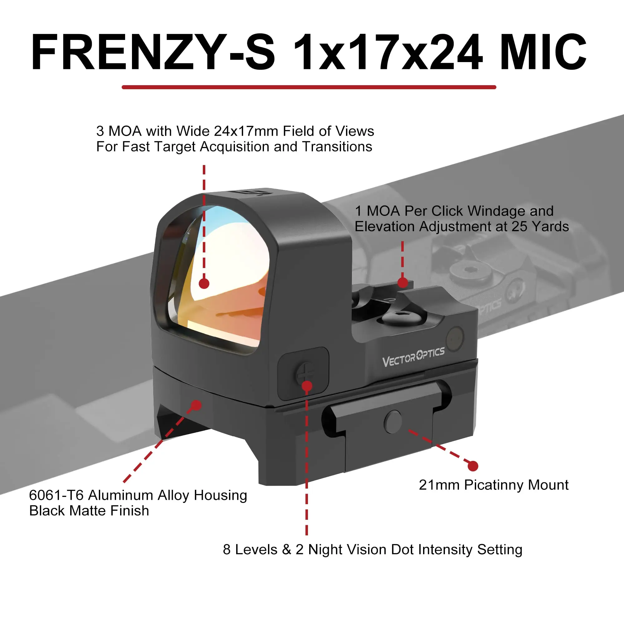 Imagem -02 - Vector Optics Frenzy-s 1x17x24 Mos 3moa Ponto Vermelho Mais Leve de Metal Completo Pistola Rifle Escopo Visão Garantia de Vida Mm. 223