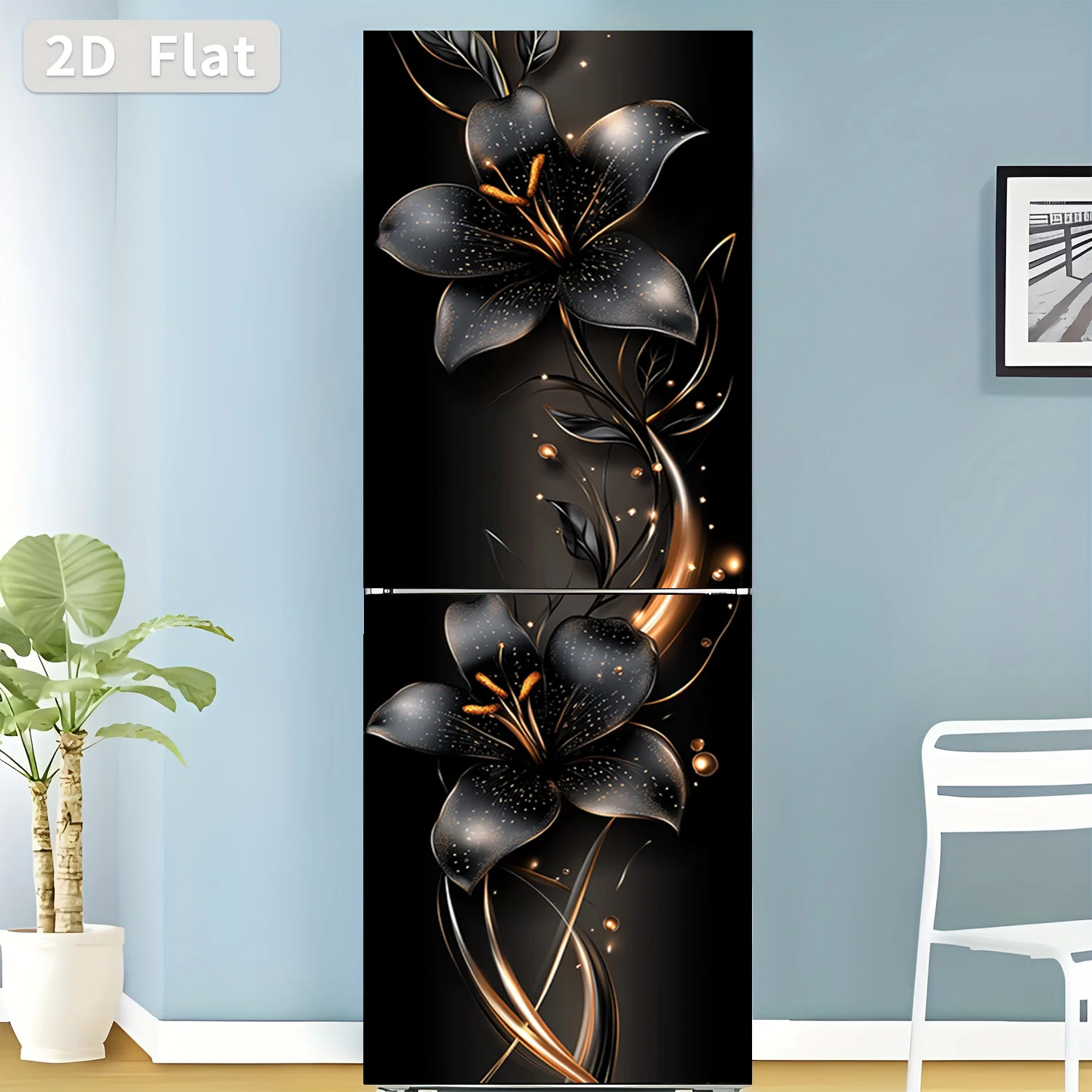of Refrigerator Sticker,, Featuring a Black And Golden Lily Flower Design, Self-Adhesive Wall Decoration Suitable for Cabinets