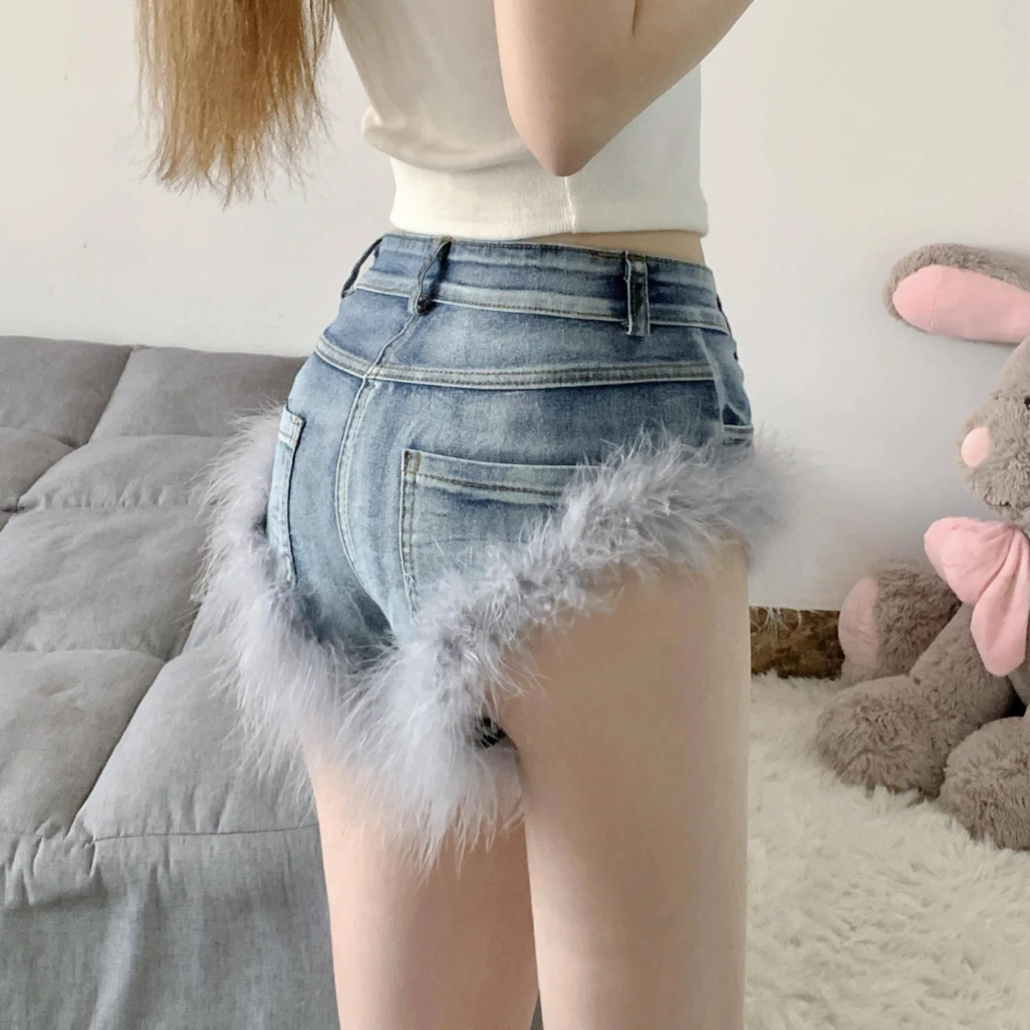 2024 New Women Feather Splicing High Waist Slim Elastic Summer Jeans Denim Shorts Шорты Женские