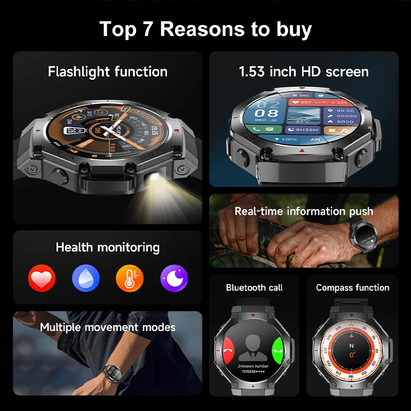 New Men's Smart Watch LED Flashlight Compass Health Monitoring Bluetooth Call Outdoor Sports Fitness Waterproof Smart Watch 2025