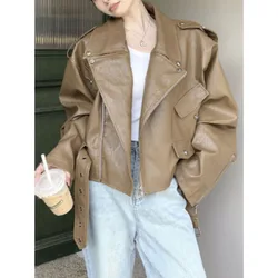 Autumn Vintage Streetwear Leather Short Jacket 2023 New Women's Brown Motorcycle Coat Female Korean Loose Street Outwear