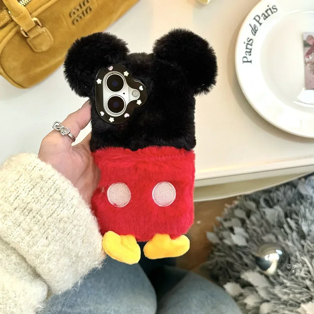 Hot 3D Cartoon Plush Back Disneies Mickey Phone Case for IPhone 16 15 14 13 12 11 Pro Max Anti-drop Soft Back Cover Funda Gift