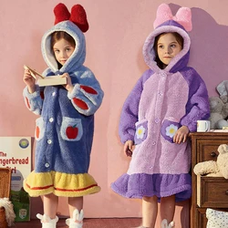 Flannel Warm Bathrobe For Girls Pajamas Hooded Princess Nightgown Robes Children Dressing Gown Sleepwear Long Sleeve Nightshirts