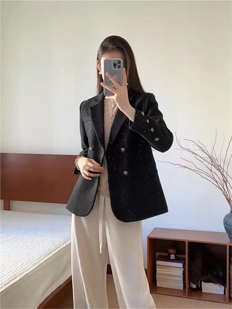 سترة نسائية أنيقة ولامعة للربيع والخريف، تصميم فضفاض متعدد الاستخدامات، ملابس خارجية طويلة الأكمام مناسبة للمكتب