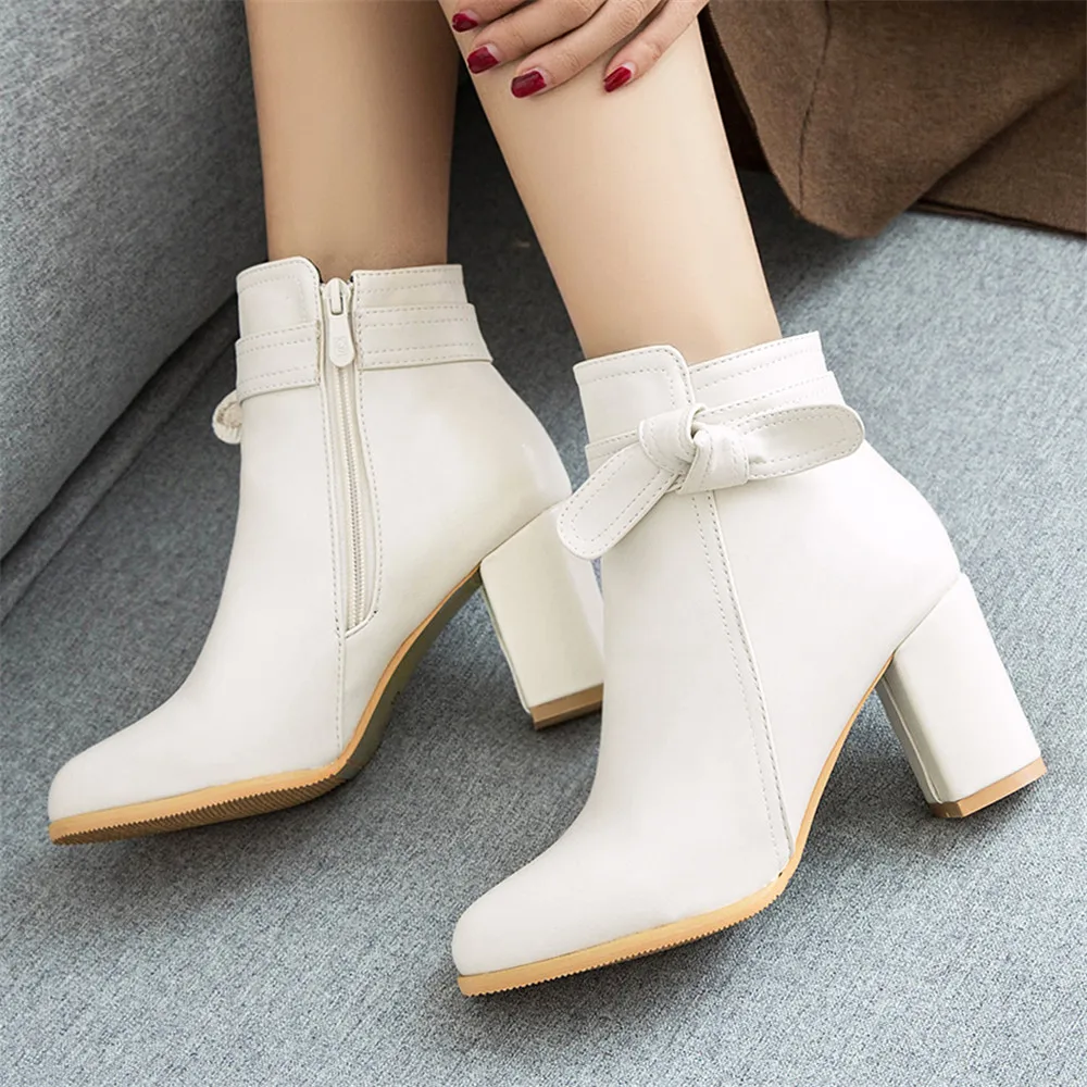 2024New Women Side Zipper Bow Мартин Cапоги Comfortable Mid Heel Ankle Boots Fashion Shoes Black White Square Heel Chelsea Botas