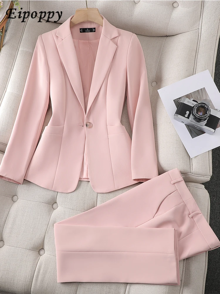 

Women Ladies Pant Suit Formal Business Work Wear Blazer And Trouser Khaki Pink Black Female Long Sleeve 2 Piece Set