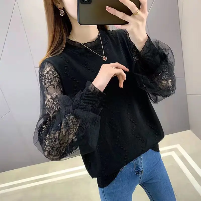 Women\'s Round Neck Lace Mesh Spliced Sweaters Thin Solid Color Fashion Knitted Long Sleeve Jumpers Spring Female Clothing 2022