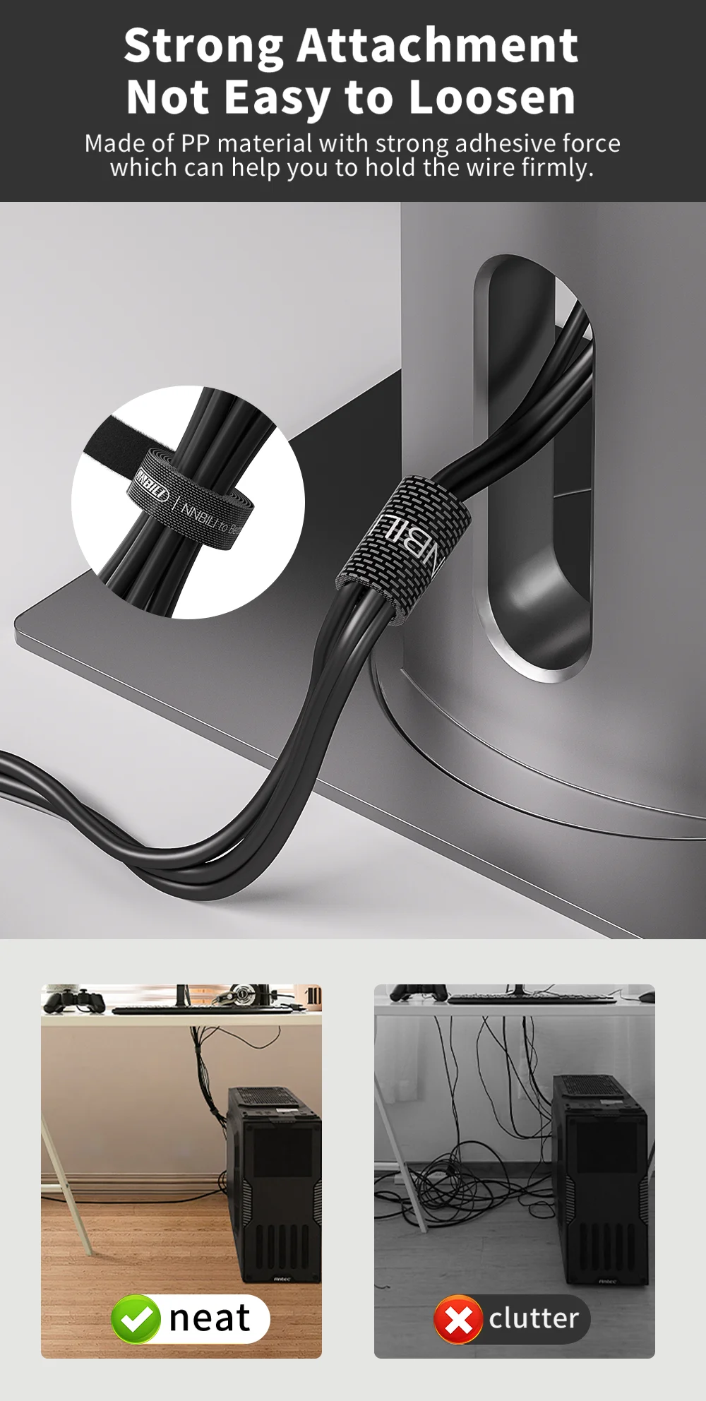 NNBILI Data Cable Management Strap Reusable Detachable Can Be Cut Freely Multifunctional Strap Fixed Storage Accessories