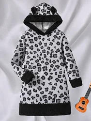 Children's girls winter black leopard print patchwork black plush long-sleeved hooded warm fashion classic deluxe slimming dress