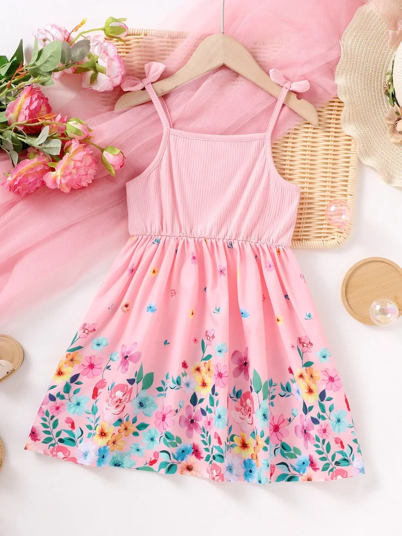 Kids Girl Summer New Dress Flower Print Bow Suspenders Dresses Sweet and Cute Fairy Powder Costume for Children Girl 4-7 Years