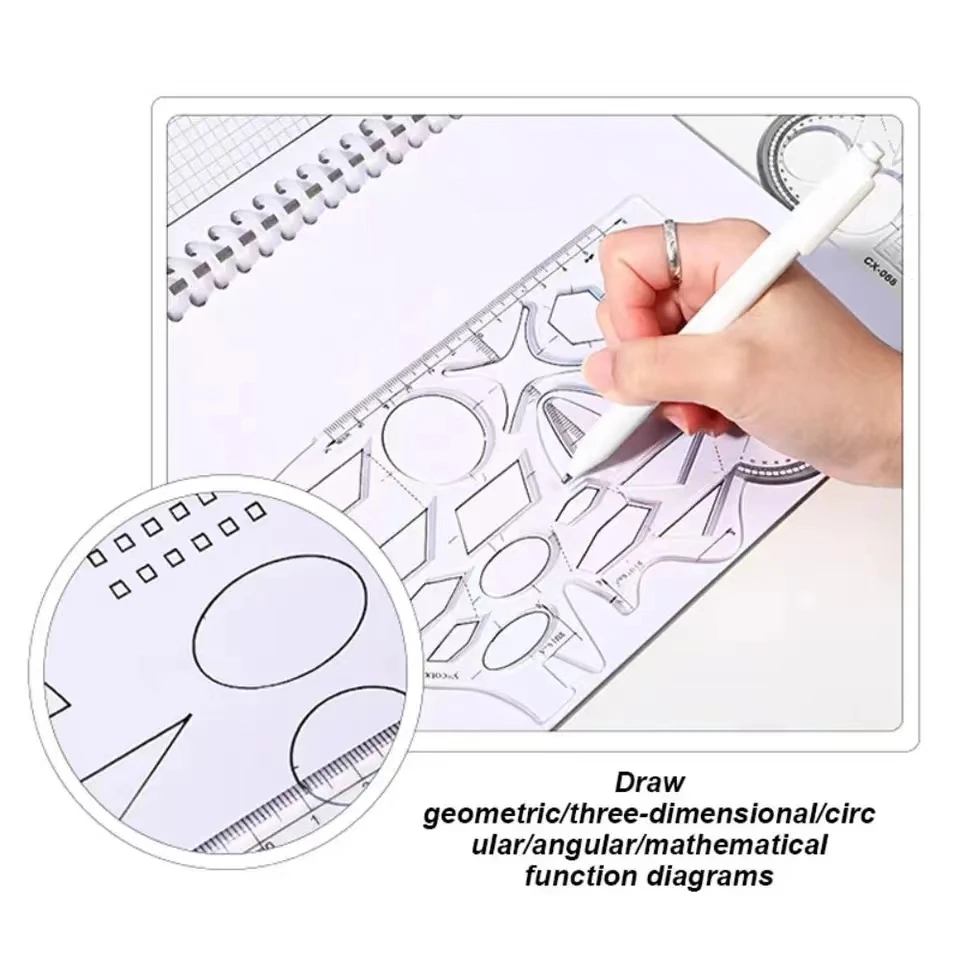 Régua dobrável de plástico em vários formatos, modelo de desenho de pintura, curva geométrica oval, régua, artigos de papelaria, material de escritório