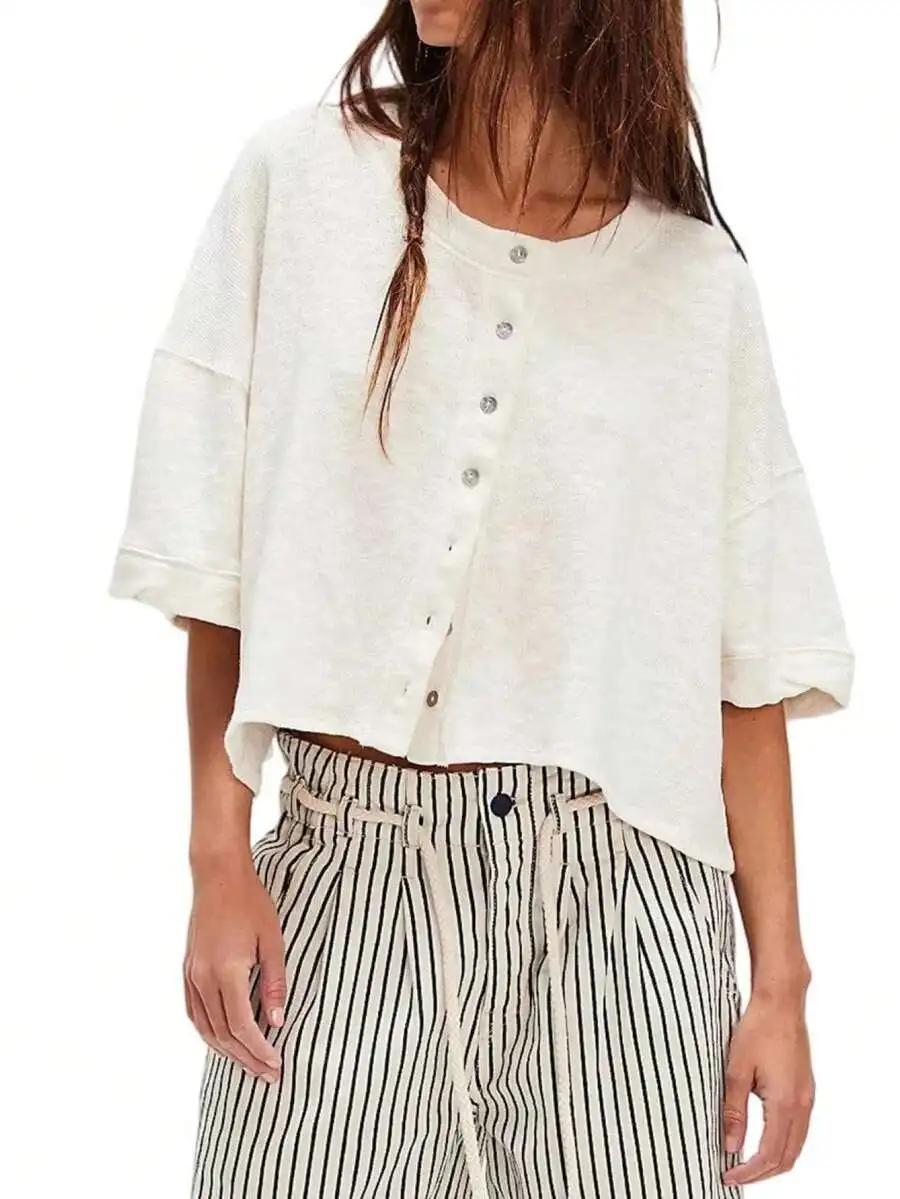 

Women Half Sleeve Cropped Cardigan Button Down Open Front Crewneck Loose Knit Top Summer Fall Lightweight Jacket