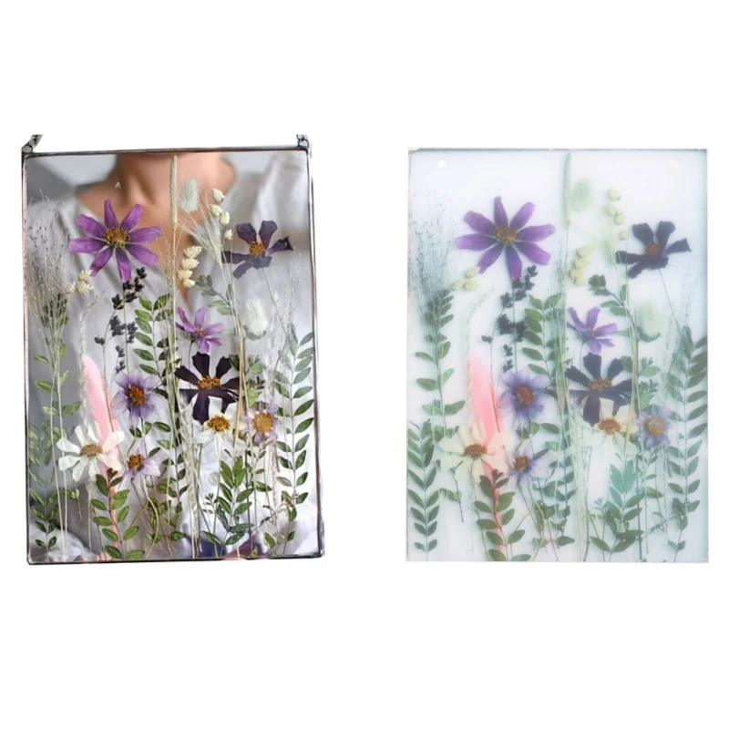KX4B Acrylic Frame Pressed Flowers Hanging Picture Artificial Dried Plants Wall Pendant with Chain Kids Art Photo Display Decor