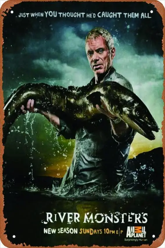 River Monsters Poster Retro Metal Tin Sign for Home Coffee Restaurant Bar Pub Shop Wall Decor 8x12 Inch