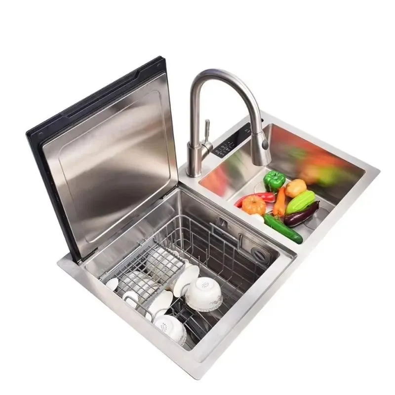 for Automatic opening Double bottom mounting Stainless steel kitchen Sink quart material Two rectangular bowls Faucet counter