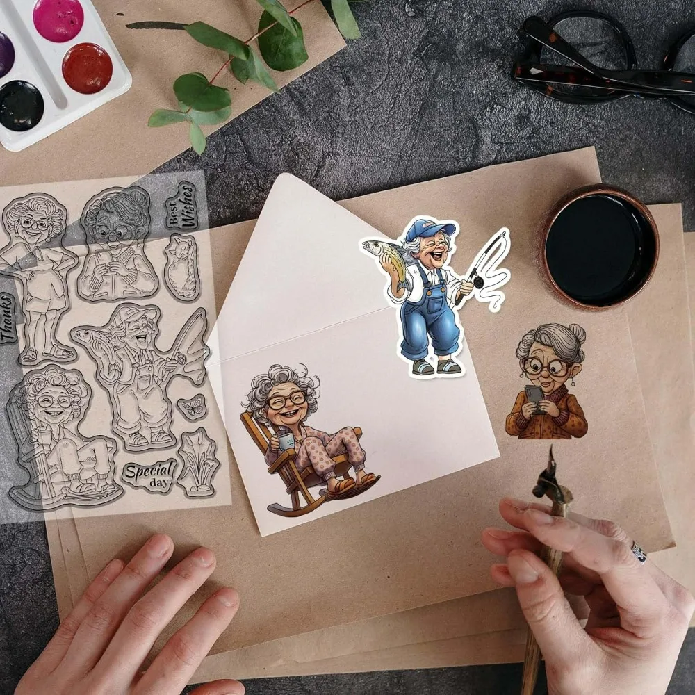 Smiling Old Lady Clear Stamps for Scrapbooking Fishing Grandmother Silicone Stamps Cat Woman Transparent Stamp for Card Making