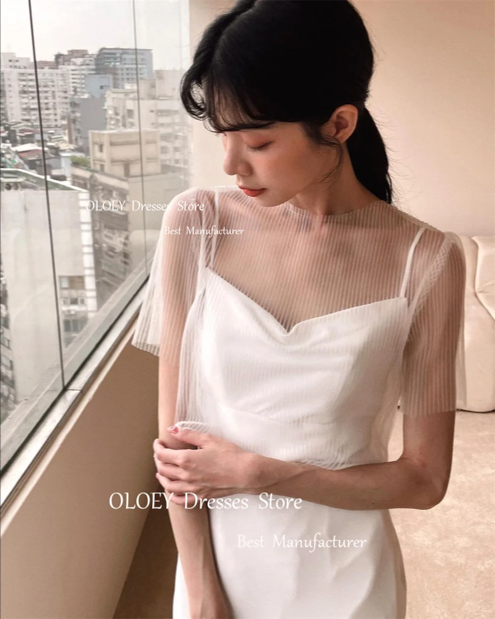 OLOEY Simple Ivory Wedding Dresses With Jacket Korea Photoshoot Satin Spaghetti Straps Floor Length Bridal Gown Vestido De Noiva