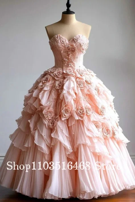 

Strapless Fantasy Pink Quinceanera Dress 3D Flower Puffy Skirt Corset Ball Gown Vestido De 15 Anos Sweet 16 Dress Customized